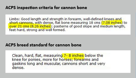 ACPS inspection criteria versus breed standard for cannon bone. Note the "over" added to the inspection criteria for cannon bone.