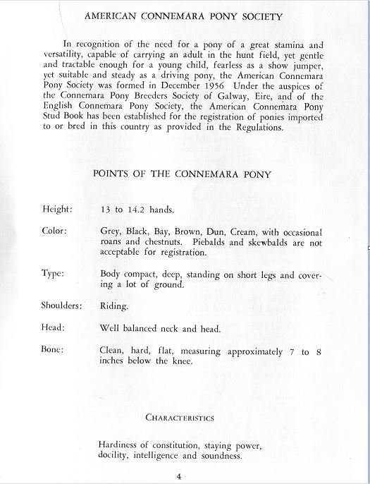 Connemara breed standard defined in ACPS Stud Book 1, published in 1959.